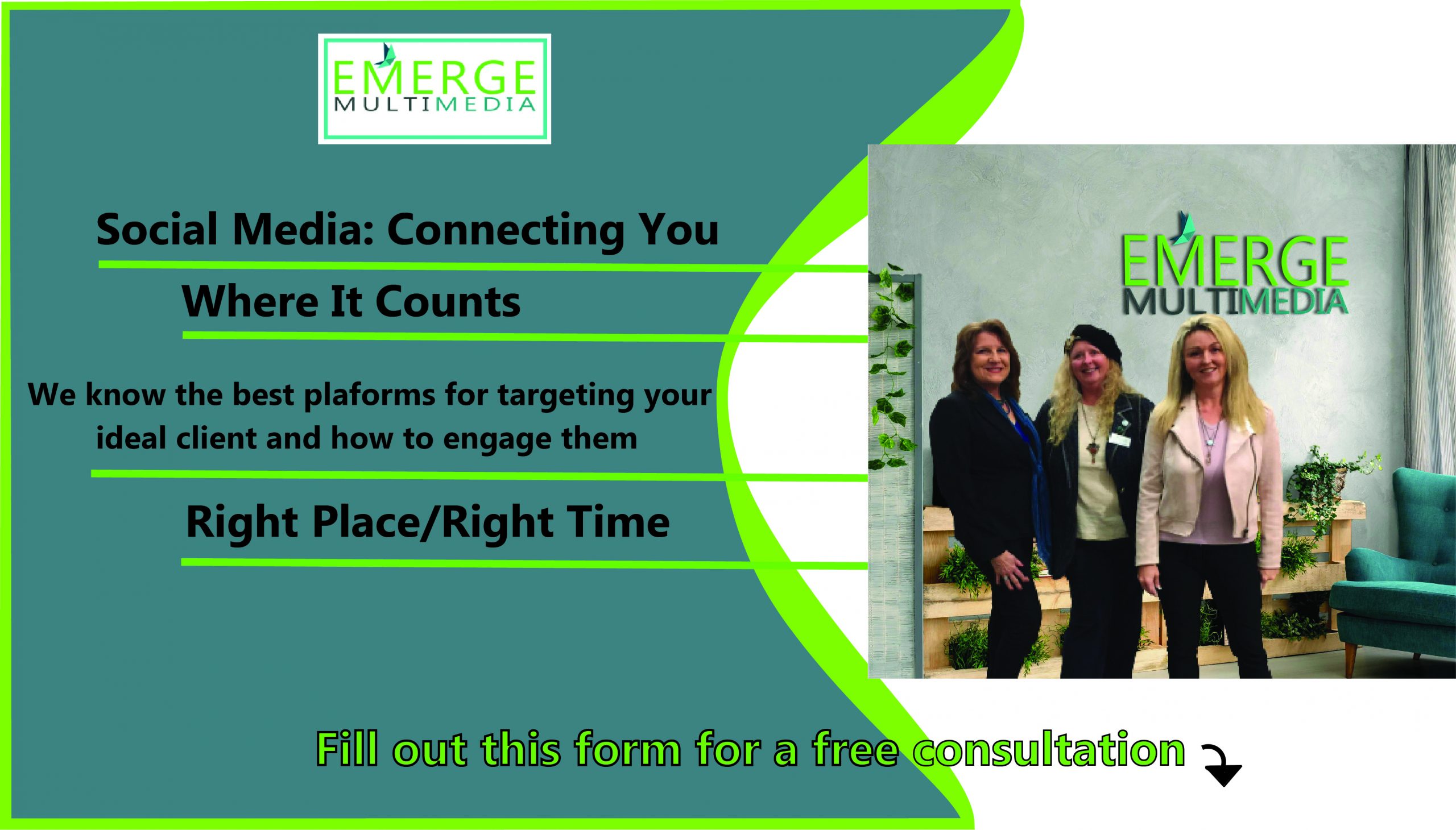 Emerge Multimedia Social Media landing page graphic with Janet, Nadine and Amy